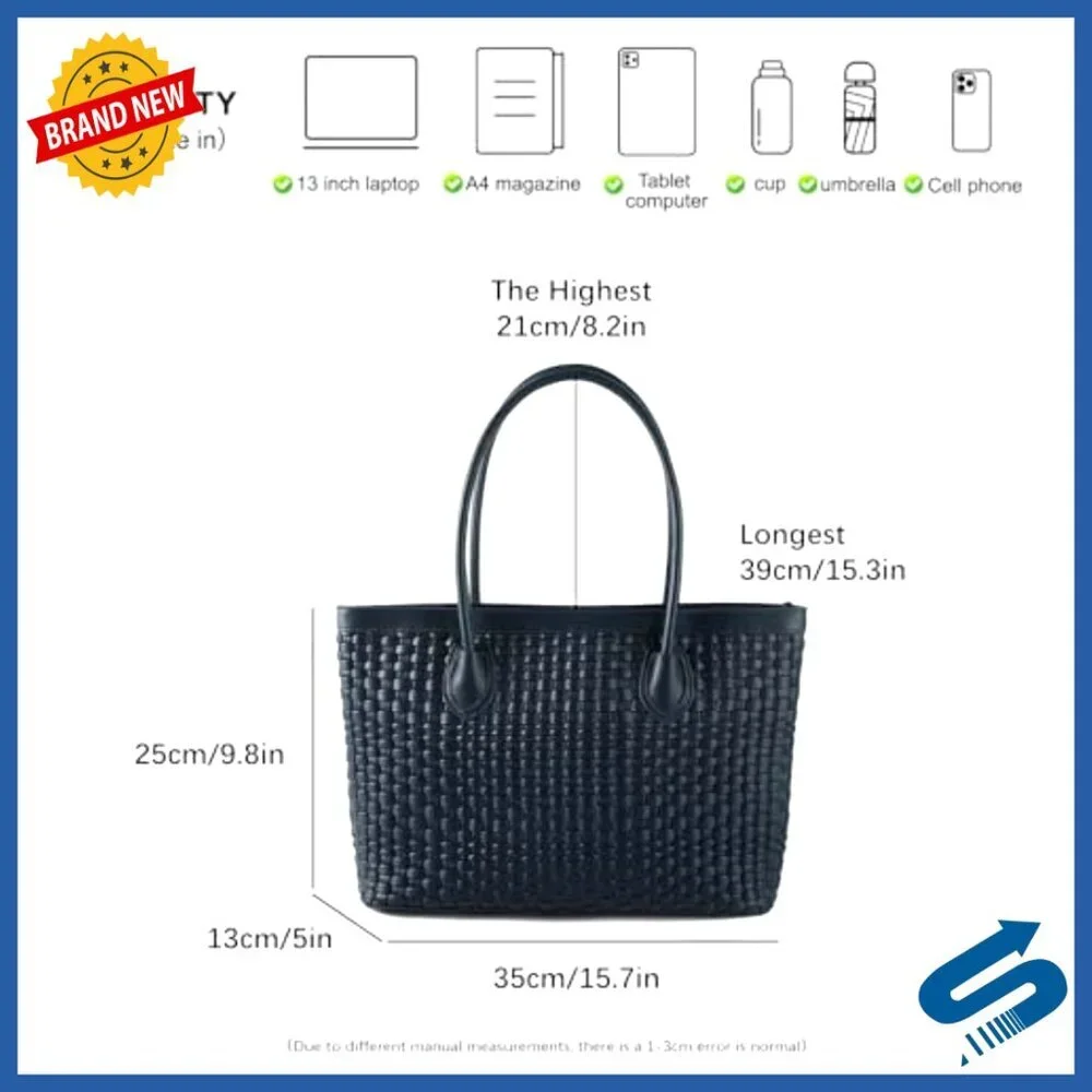 Vegan Leather Woven Tote Bag Handmade Shoulder Bag Zip Closure Travel Beach